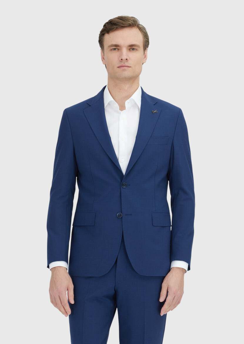 Navy Blue Plain Zeroweight Slim Fit Wool Blended Suit - 2