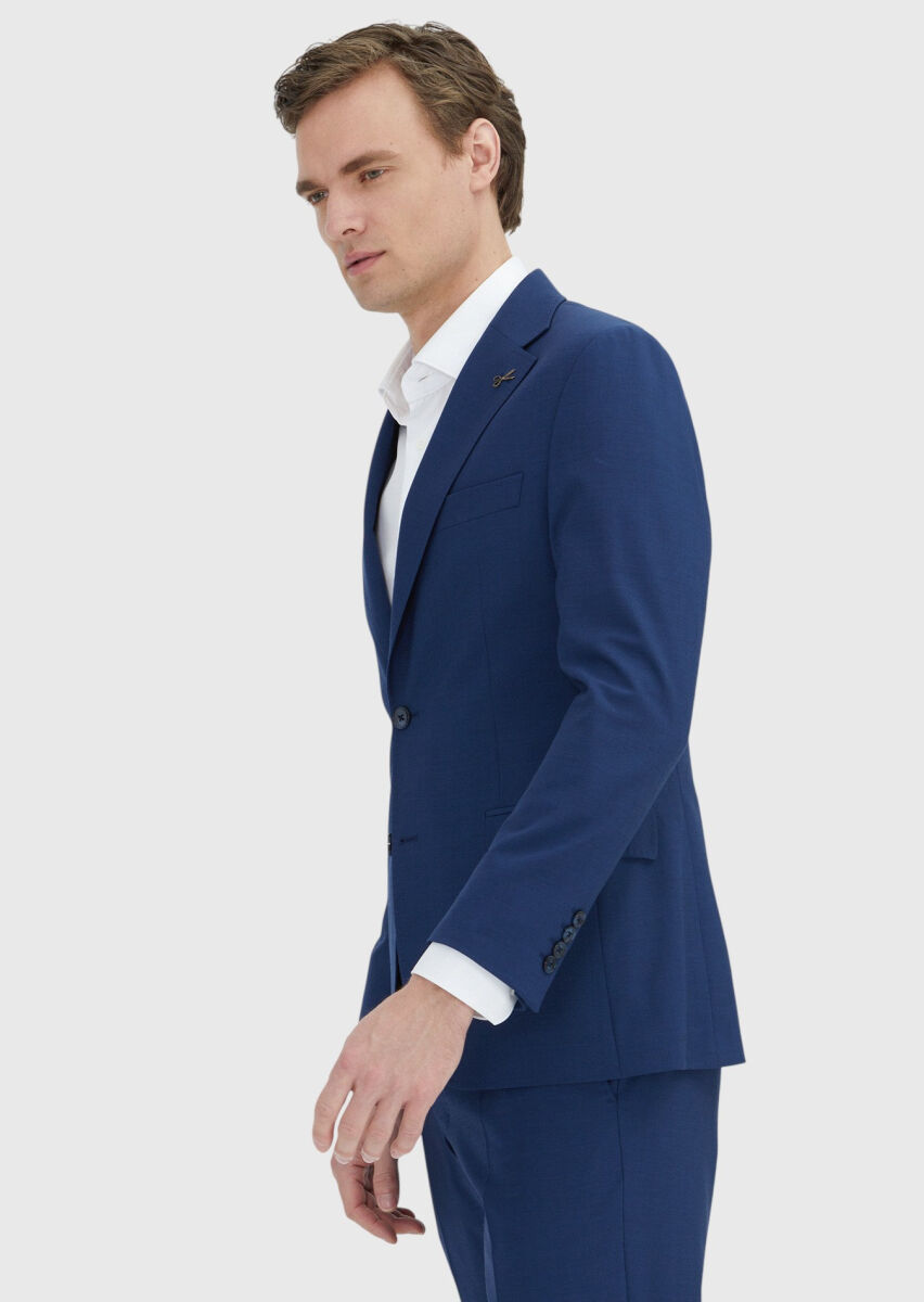 Navy Blue Plain Zeroweight Slim Fit Wool Blended Suit - 4