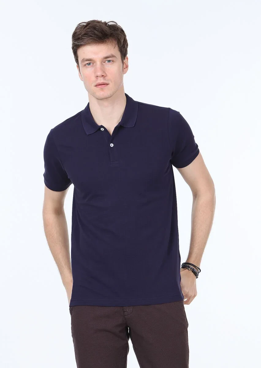 Navy Blue Polo Neck 100% Cotton T-Shirt - 1