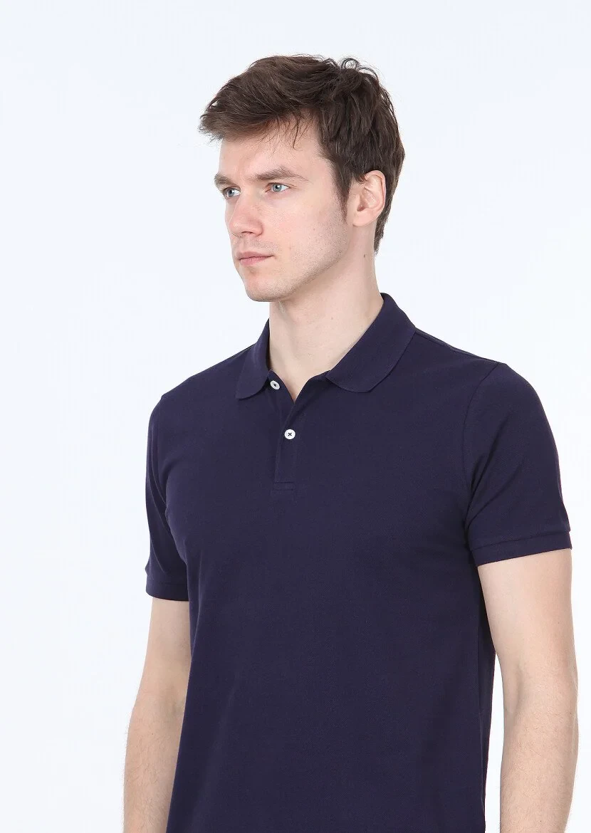 Navy Blue Polo Neck 100% Cotton T-Shirt - 3
