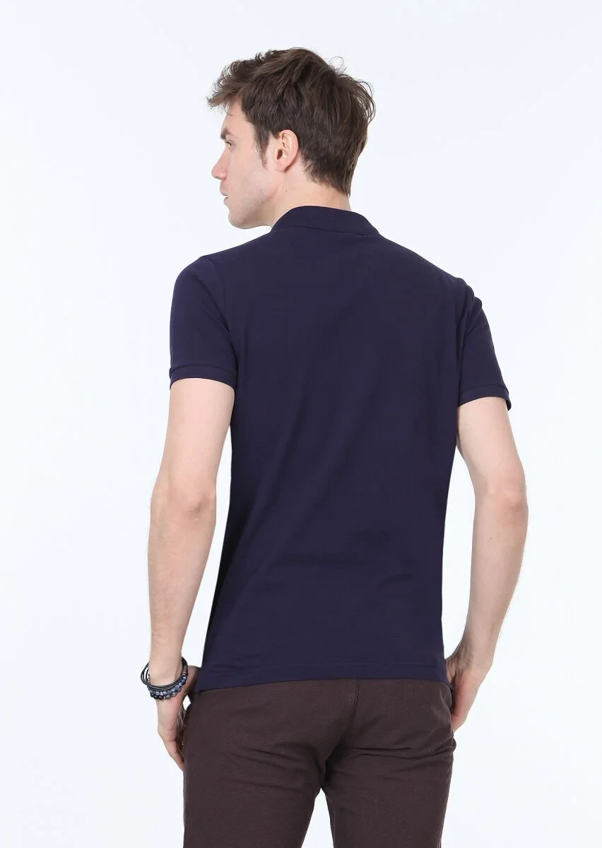 Navy Blue Polo Neck 100% Cotton T-Shirt - 4