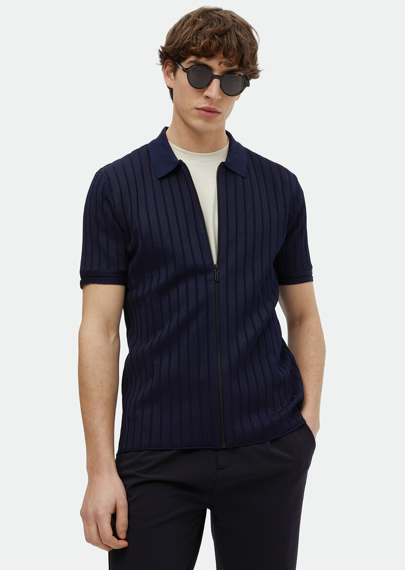 Navy Blue Polo Neck Jacquard Cardigan - 1