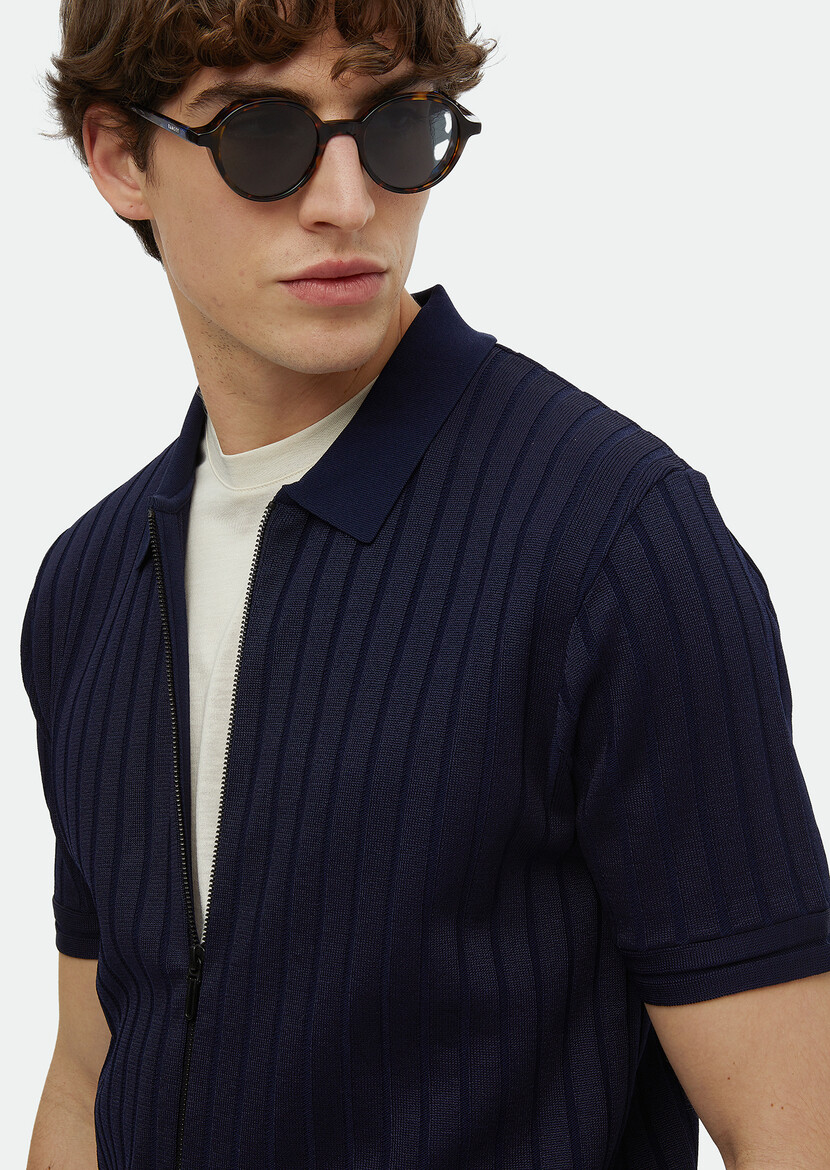 Navy Blue Polo Neck Jacquard Cardigan - 3