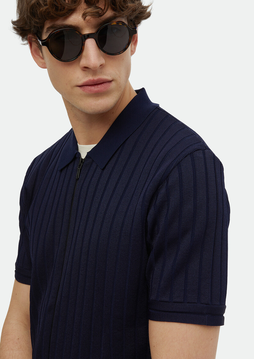 Navy Blue Polo Neck Jacquard Cardigan - 4