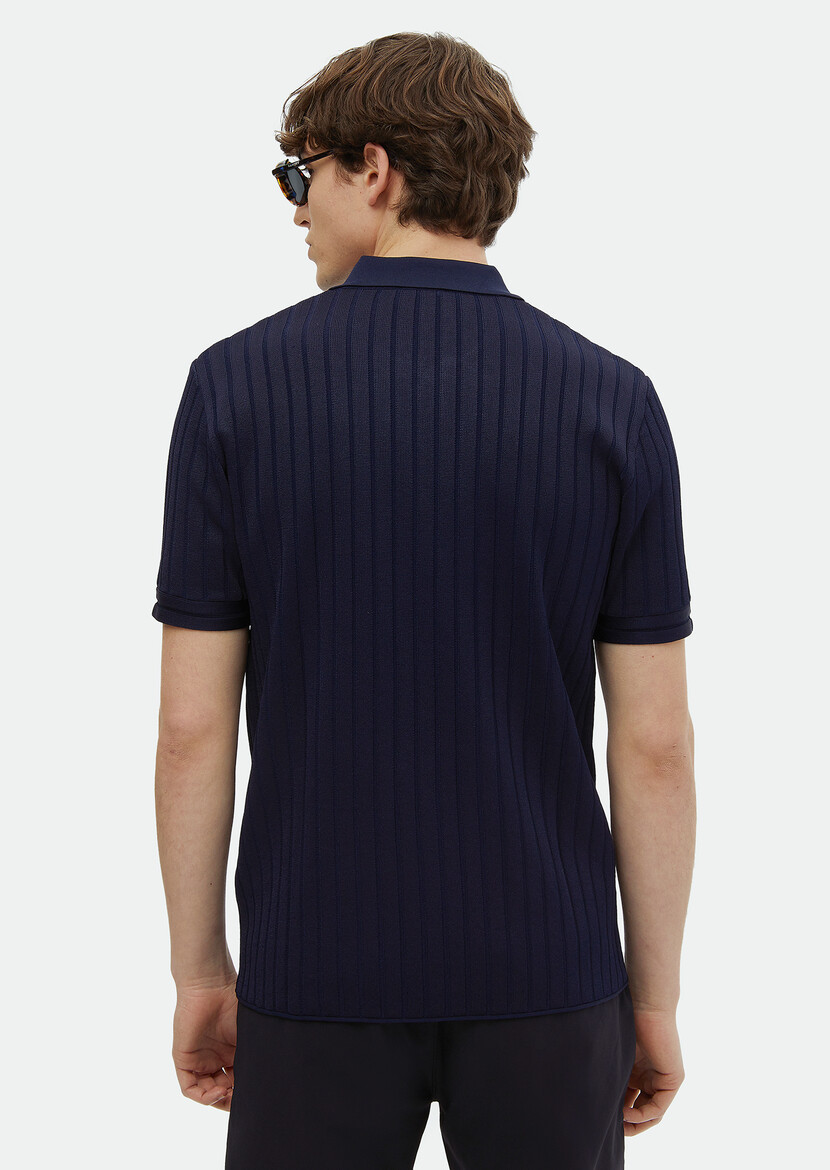 Navy Blue Polo Neck Jacquard Cardigan - 5