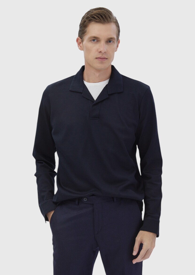 Navy Blue Polo Neck Jacquard Sweatshirt 