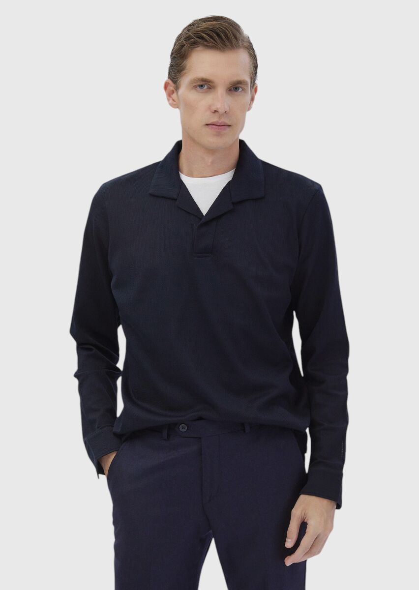 Navy Blue Polo Neck Jacquard Sweatshirt - 1