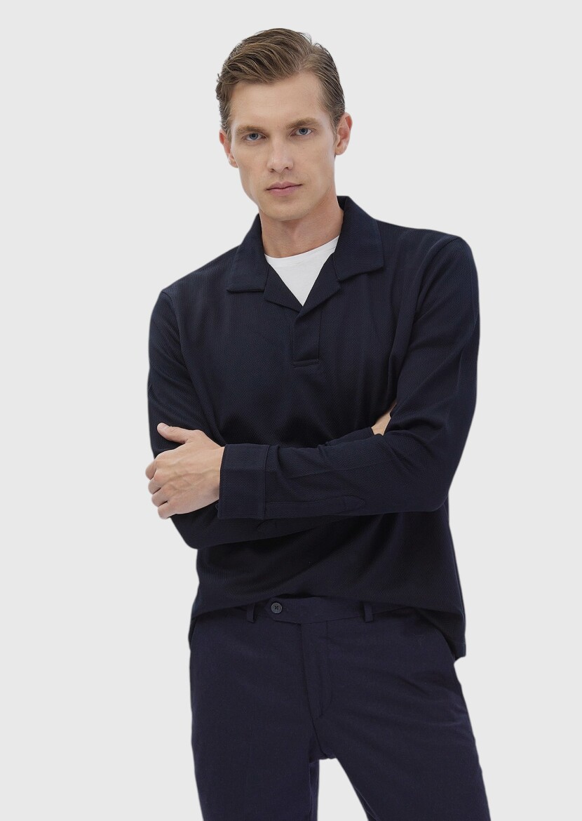 Navy Blue Polo Neck Jacquard Sweatshirt - 3