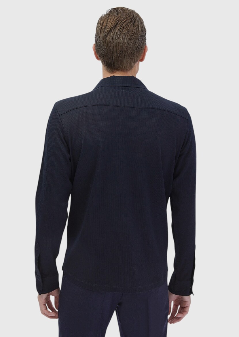 Navy Blue Polo Neck Jacquard Sweatshirt - 6