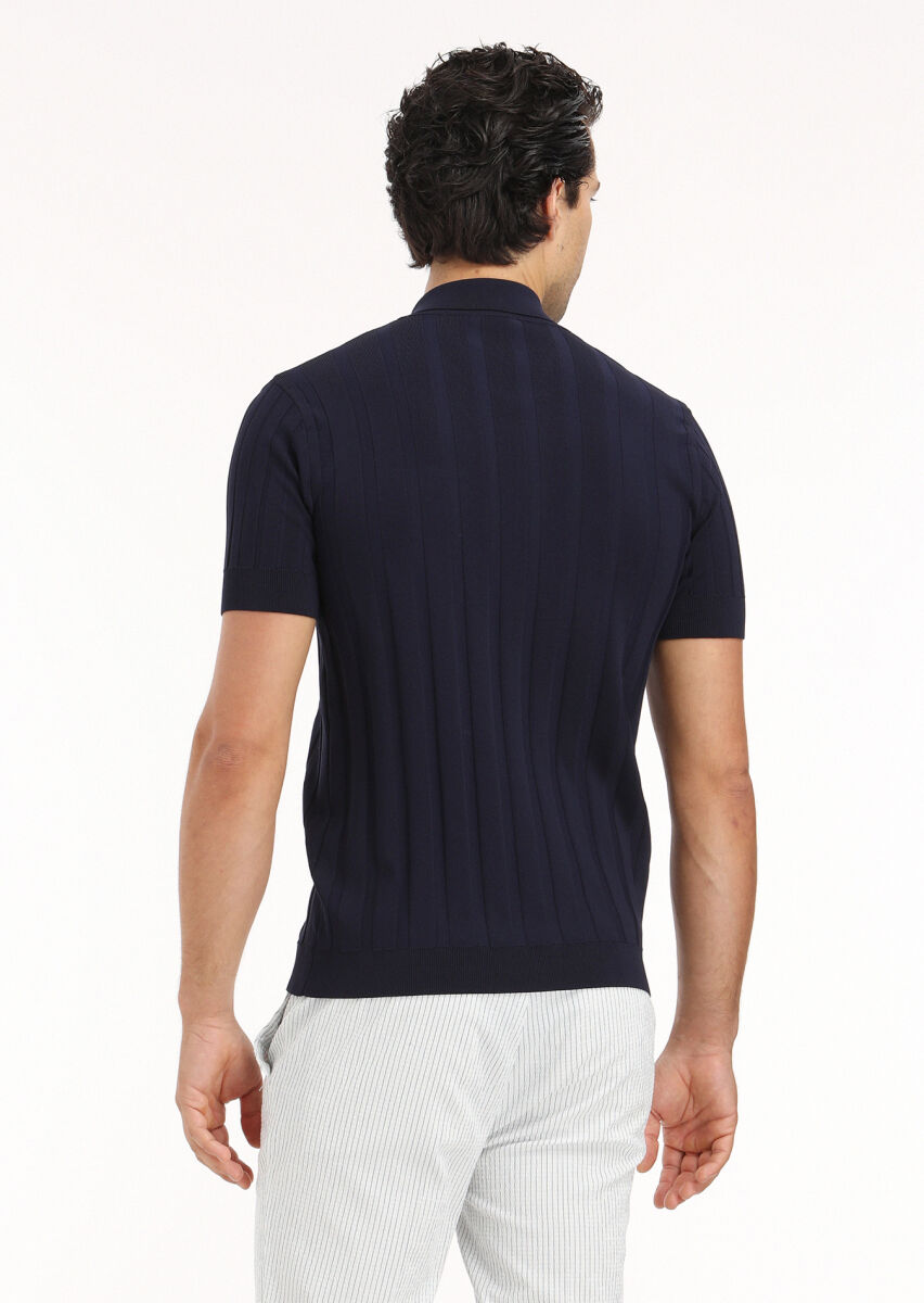 Navy Blue Polo Neck Plain Knitting Cardigan - 5