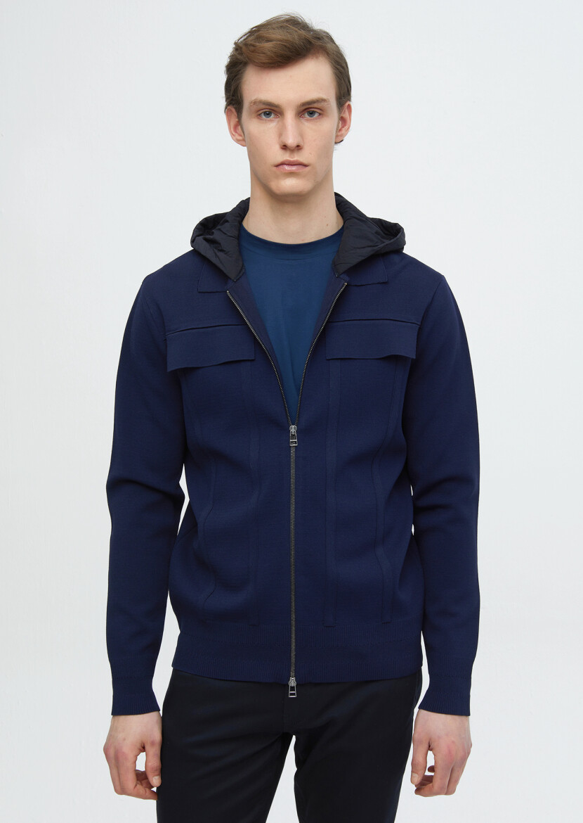 Navy Blue Polo Neck Plain Knitting Cardigan - RAMSEY