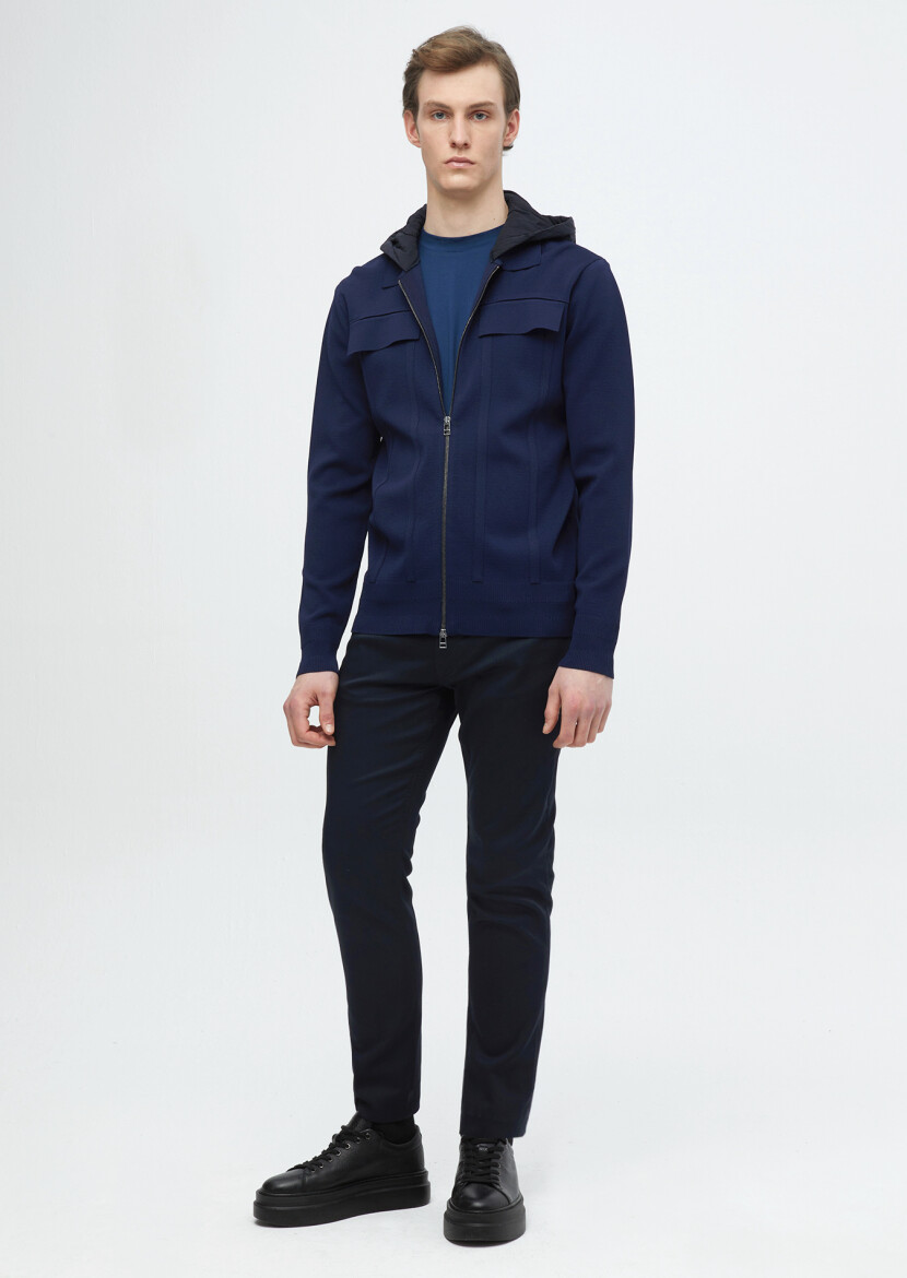 Navy Blue Polo Neck Plain Knitting Cardigan - RAMSEY