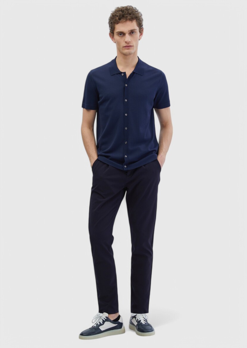 Navy Blue Polo Neck Plain Knitting Cardigan - RAMSEY