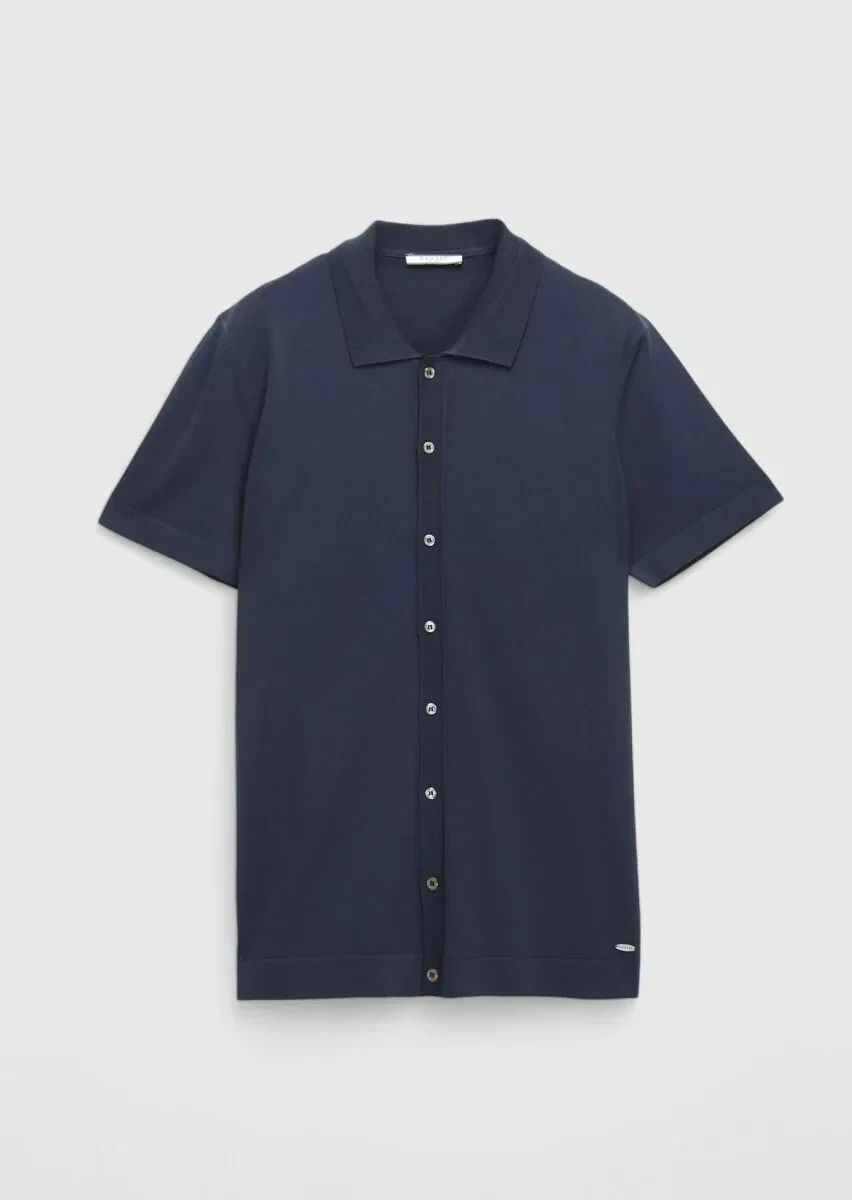 Navy Blue Polo Neck Plain Knitting Cardigan - 6