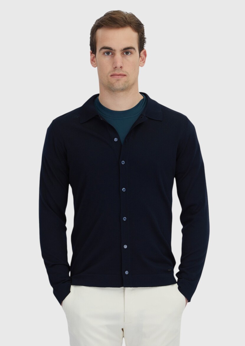 Navy Blue Polo Neck Plain Knitting Wool Blended Cardigan - RAMSEY