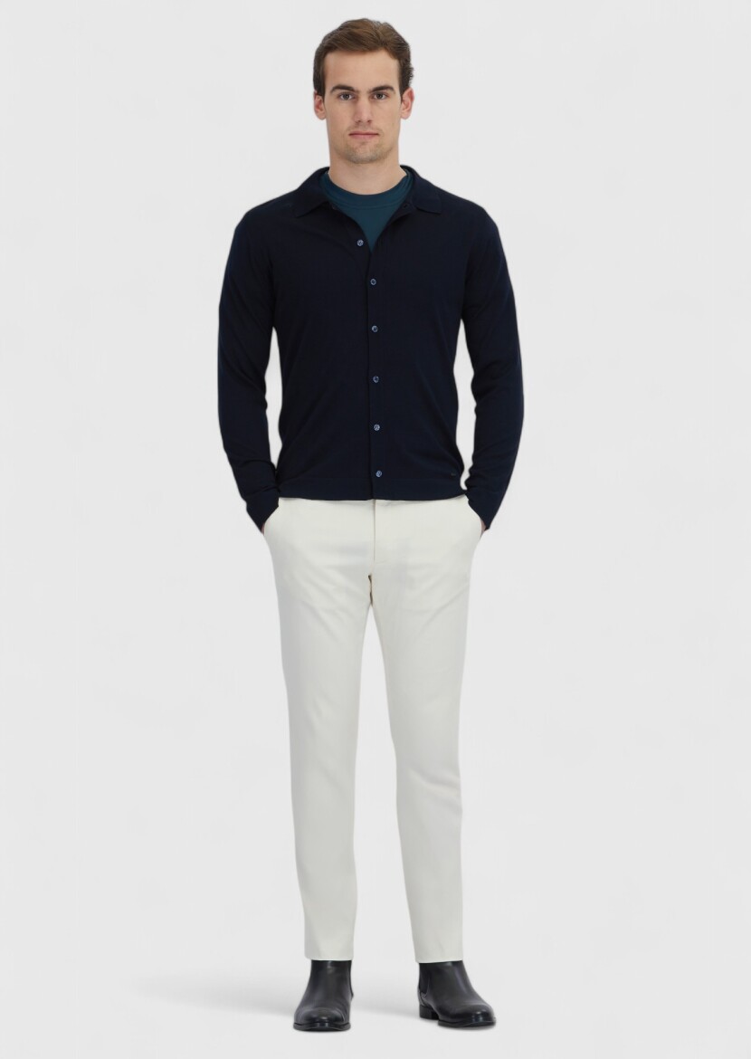 Navy Blue Polo Neck Plain Knitting Wool Blended Cardigan - RAMSEY