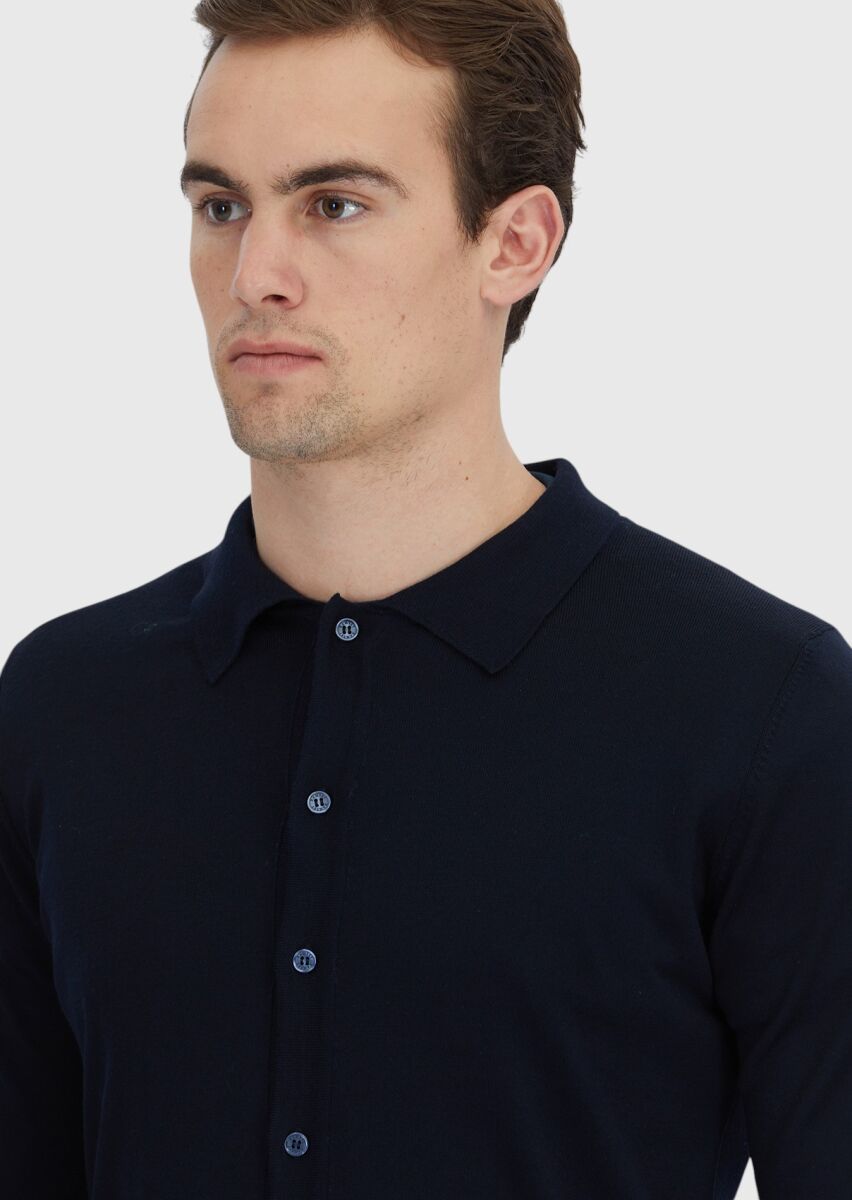 Navy Blue Polo Neck Plain Knitting Wool Blended Cardigan - 4