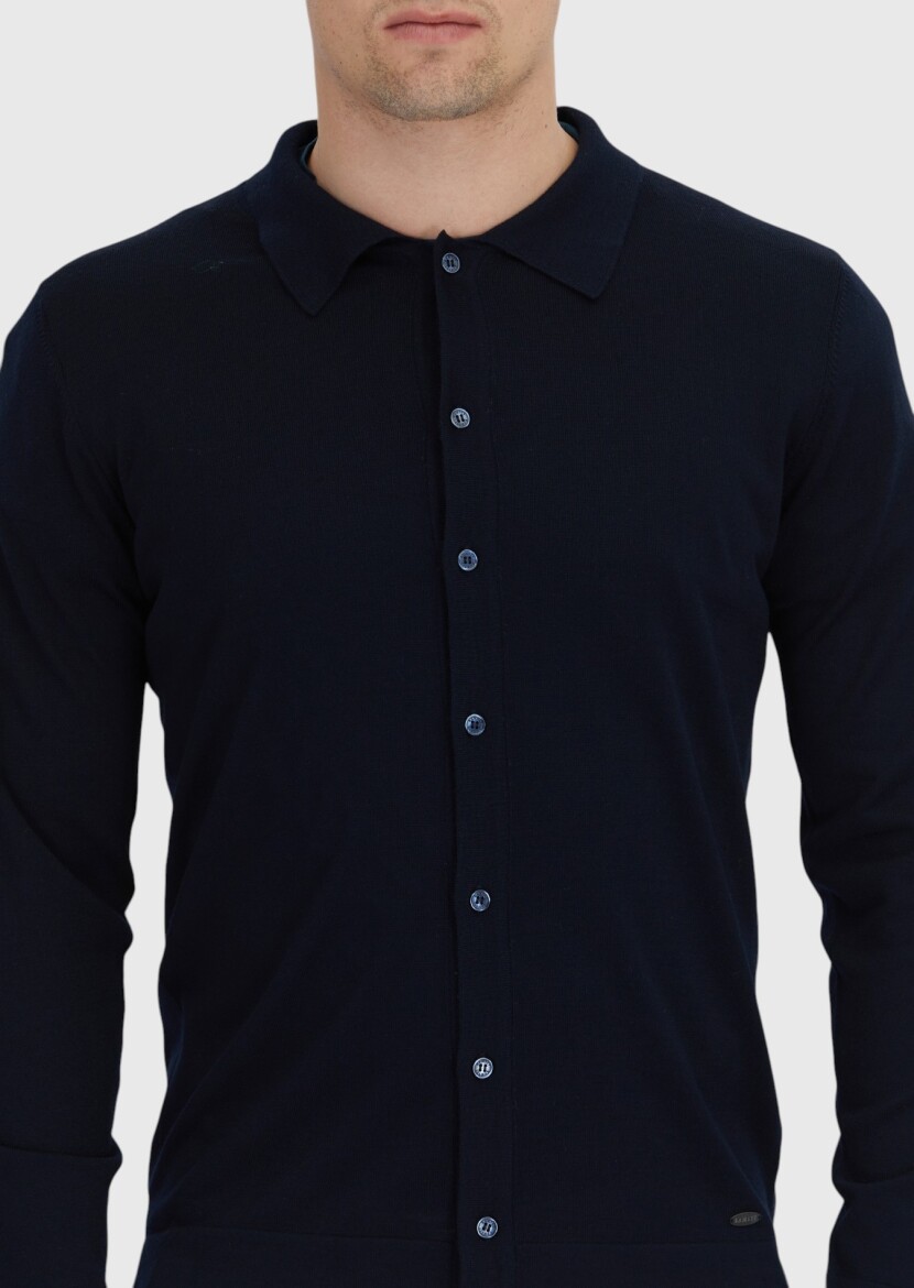 Navy Blue Polo Neck Plain Knitting Wool Blended Cardigan - 5