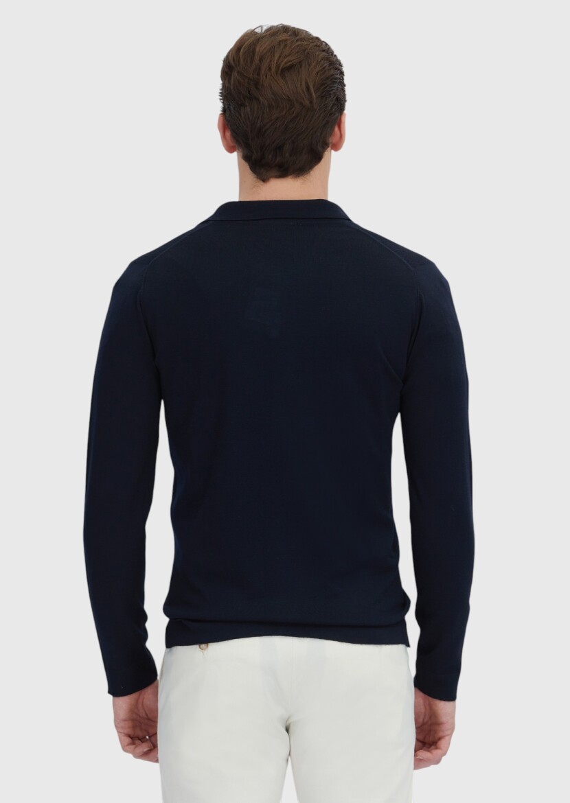 Navy Blue Polo Neck Plain Knitting Wool Blended Cardigan - 6