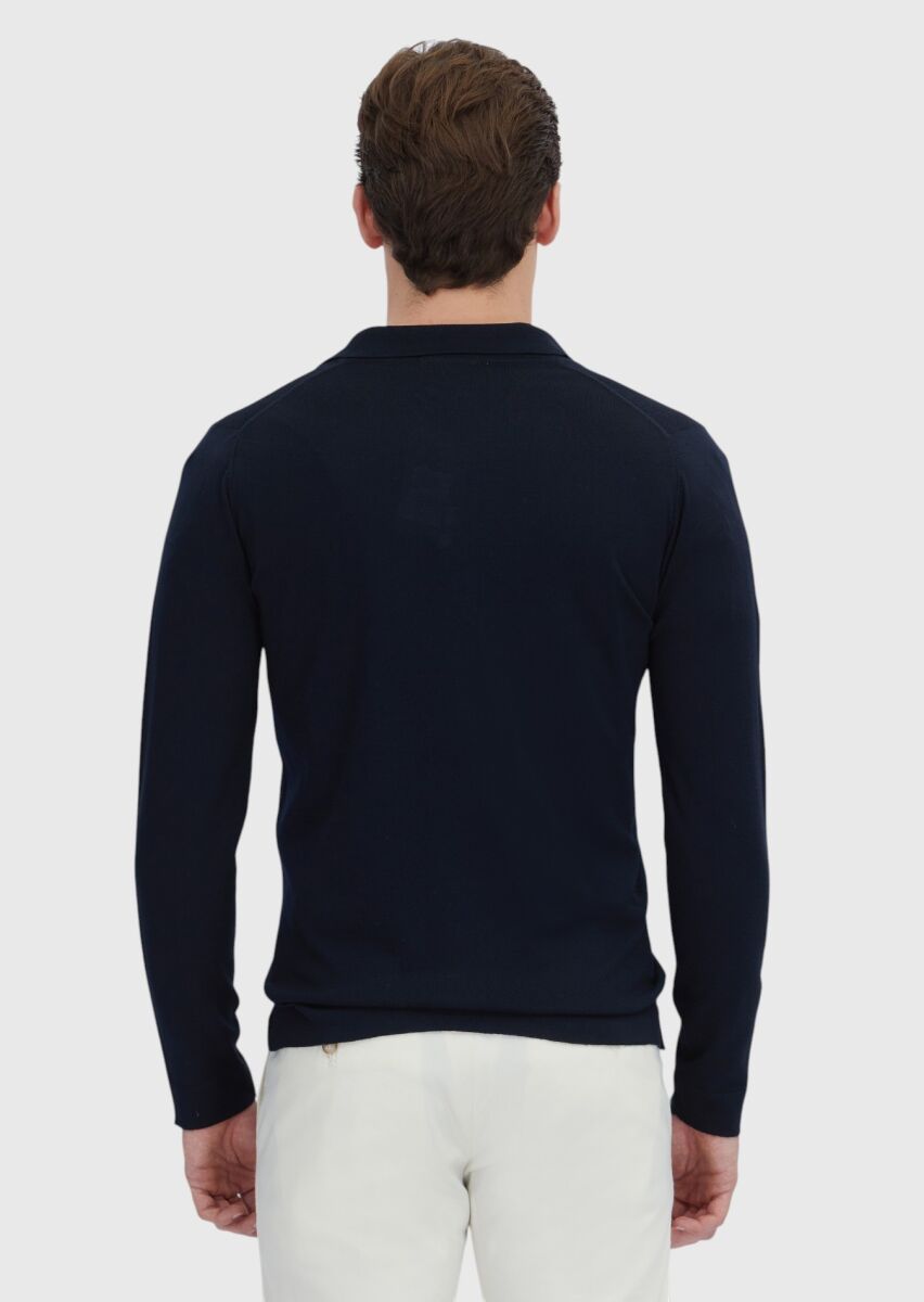 Navy Blue Polo Neck Plain Knitting Wool Blended Cardigan - 6