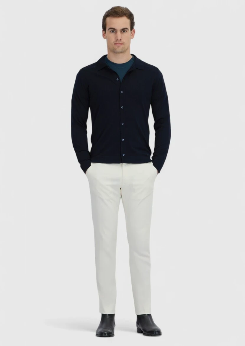 Navy Blue Polo Neck Plain Knitting Wool Blended Cardigan 