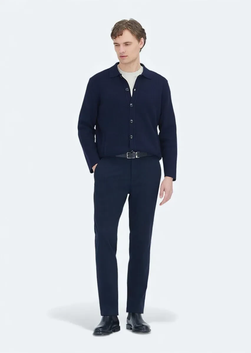 Navy Blue Polo Neck Plain Knitting Wool Blended Cardigan - 2