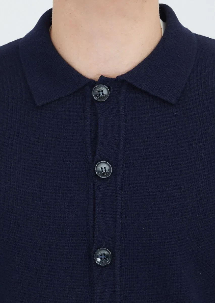 Navy Blue Polo Neck Plain Knitting Wool Blended Cardigan - 4