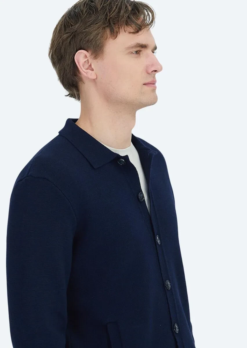 Navy Blue Polo Neck Plain Knitting Wool Blended Cardigan - 5