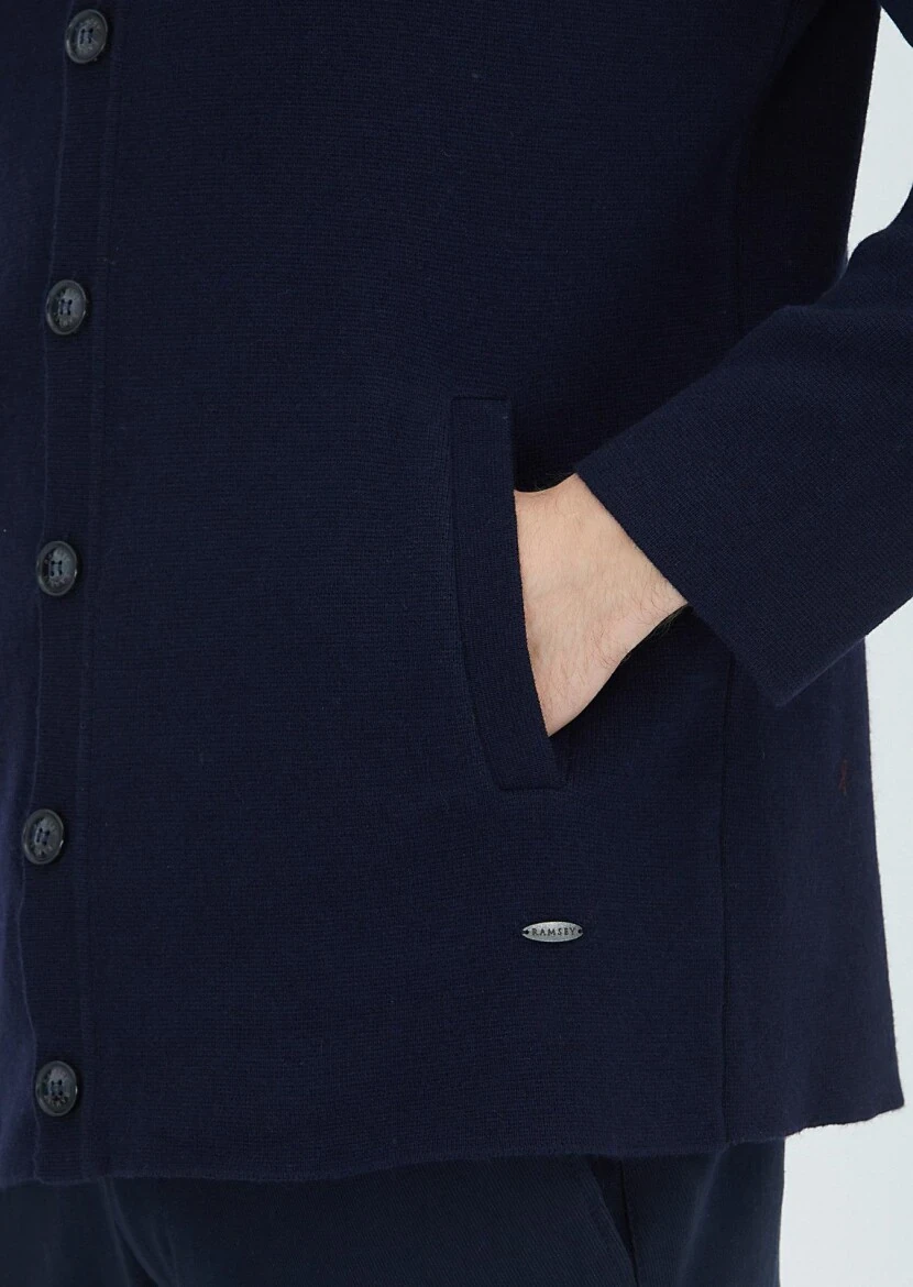 Navy Blue Polo Neck Plain Knitting Wool Blended Cardigan - 6