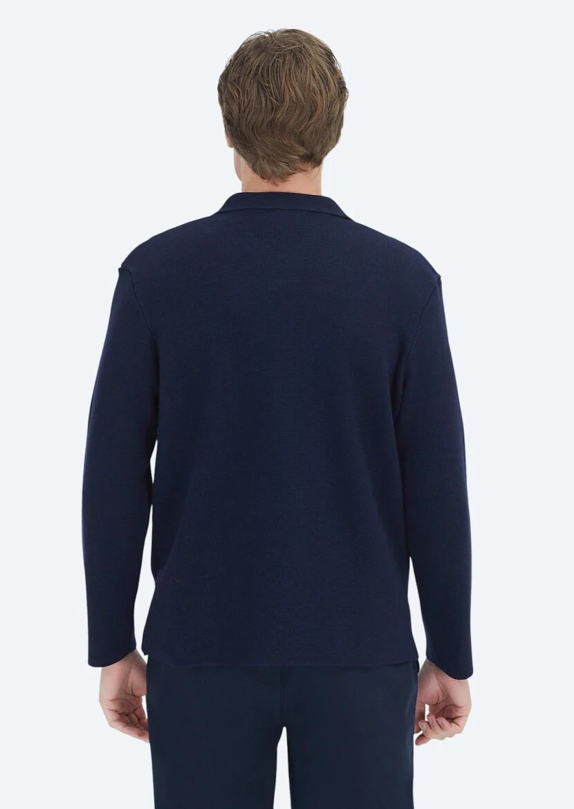 Navy Blue Polo Neck Plain Knitting Wool Blended Cardigan - 7