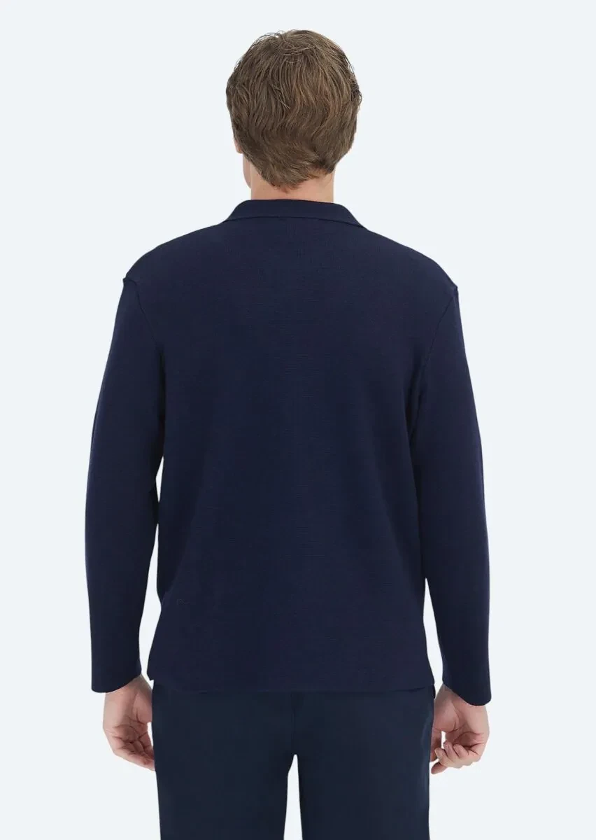 Navy Blue Polo Neck Plain Knitting Wool Blended Cardigan - 7