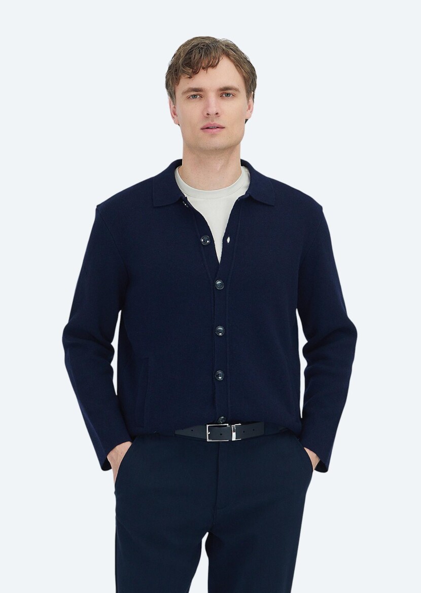 Navy Blue Polo Neck Plain Knitting Wool Blended Cardigan - RAMSEY