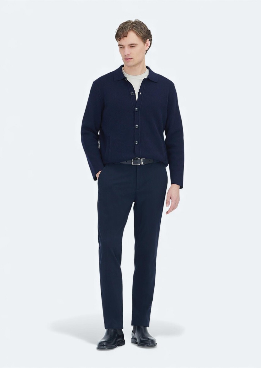 Navy Blue Polo Neck Plain Knitting Wool Blended Cardigan - RAMSEY