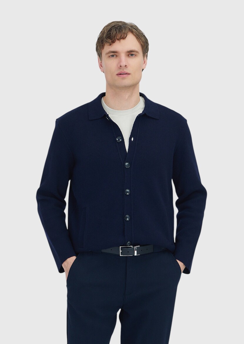 Navy Blue Polo Neck Plain Knitting Wool Blended Cardigan - RAMSEY