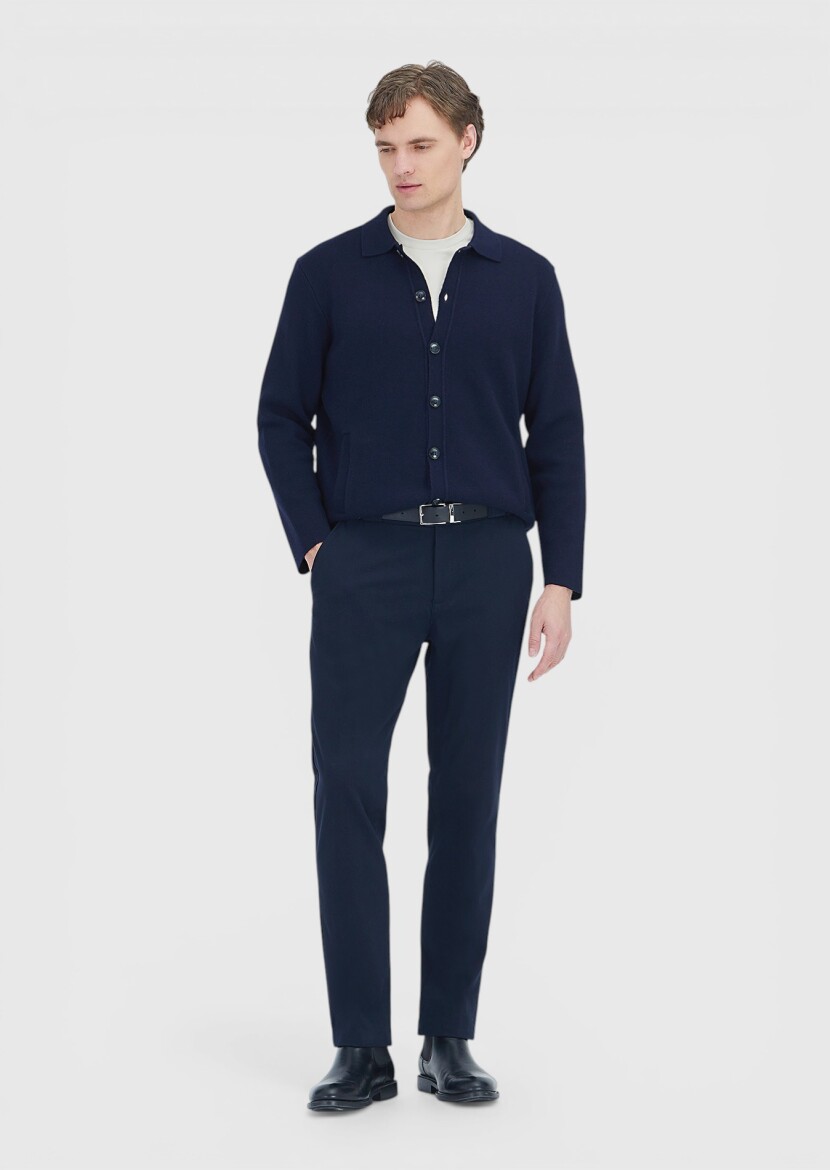 Navy Blue Polo Neck Plain Knitting Wool Blended Cardigan - RAMSEY