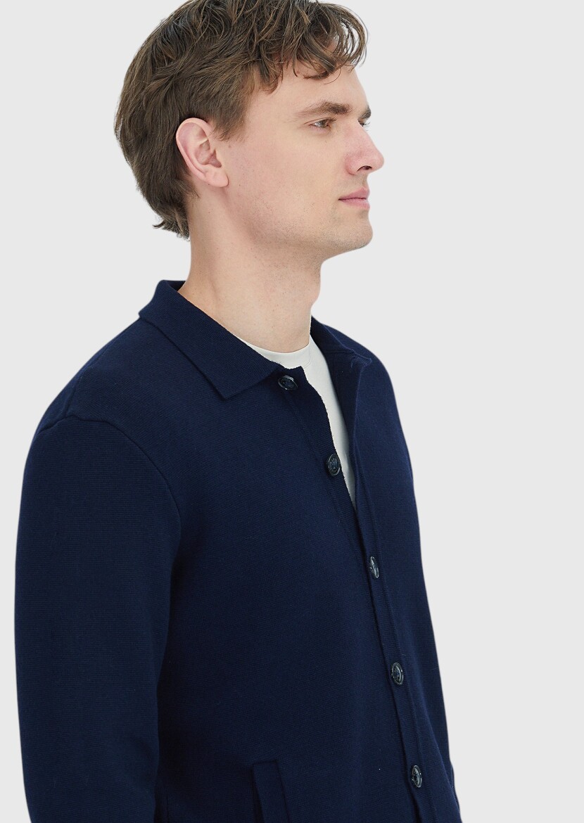 Navy Blue Polo Neck Plain Knitting Wool Blended Cardigan - 3