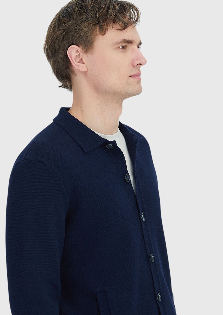 Navy Blue Polo Neck Plain Knitting Wool Blended Cardigan - 3