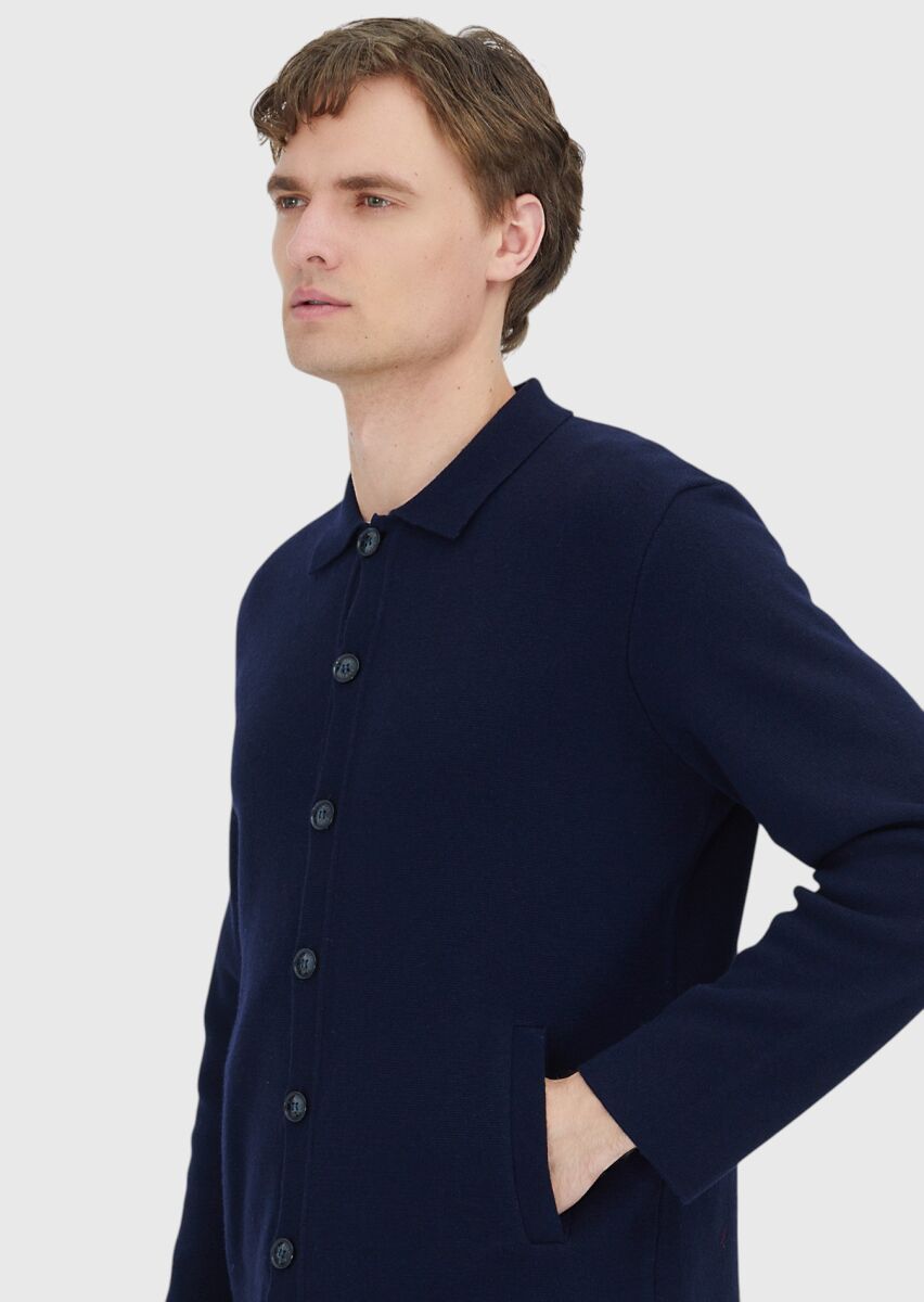 Navy Blue Polo Neck Plain Knitting Wool Blended Cardigan - 4