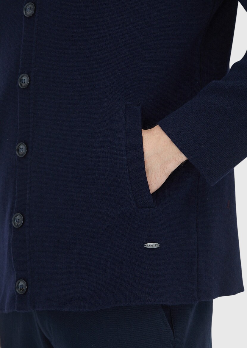 Navy Blue Polo Neck Plain Knitting Wool Blended Cardigan - 6