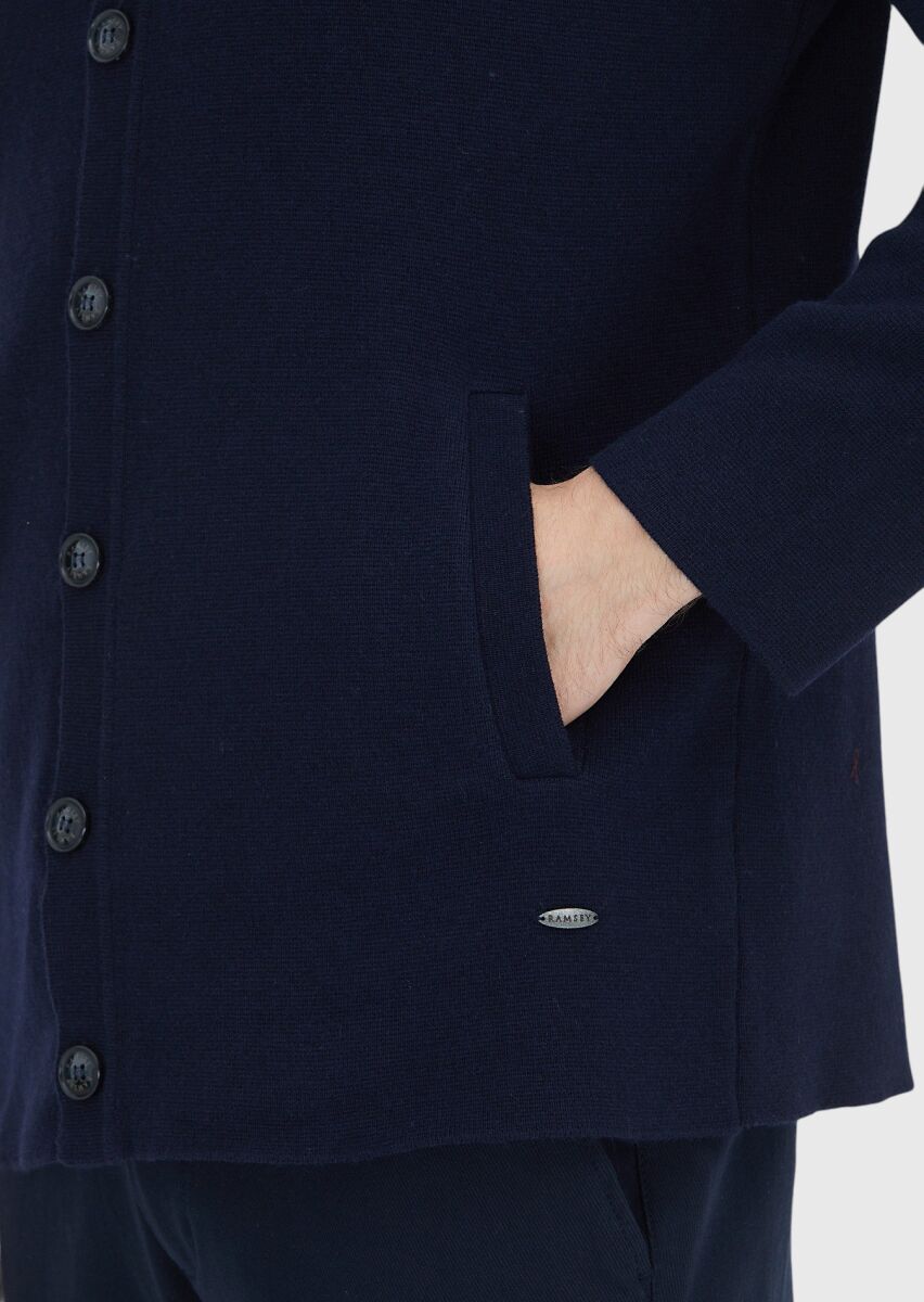 Navy Blue Polo Neck Plain Knitting Wool Blended Cardigan - 6