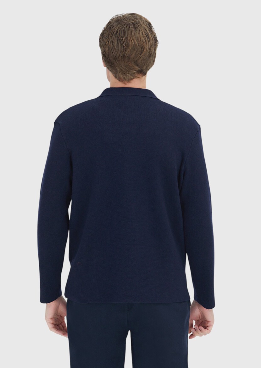 Navy Blue Polo Neck Plain Knitting Wool Blended Cardigan - 7