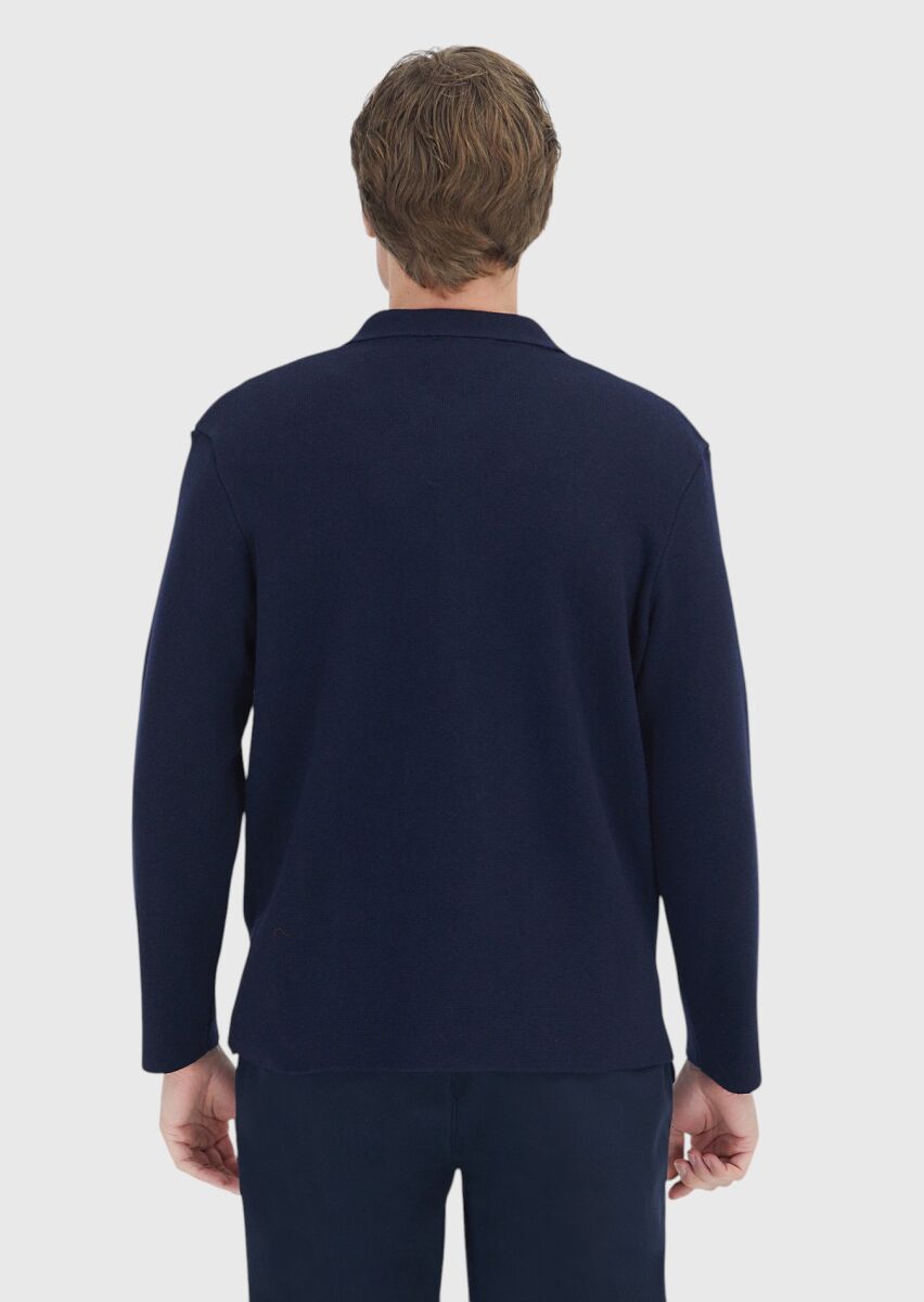 Navy Blue Polo Neck Plain Knitting Wool Blended Cardigan - 7