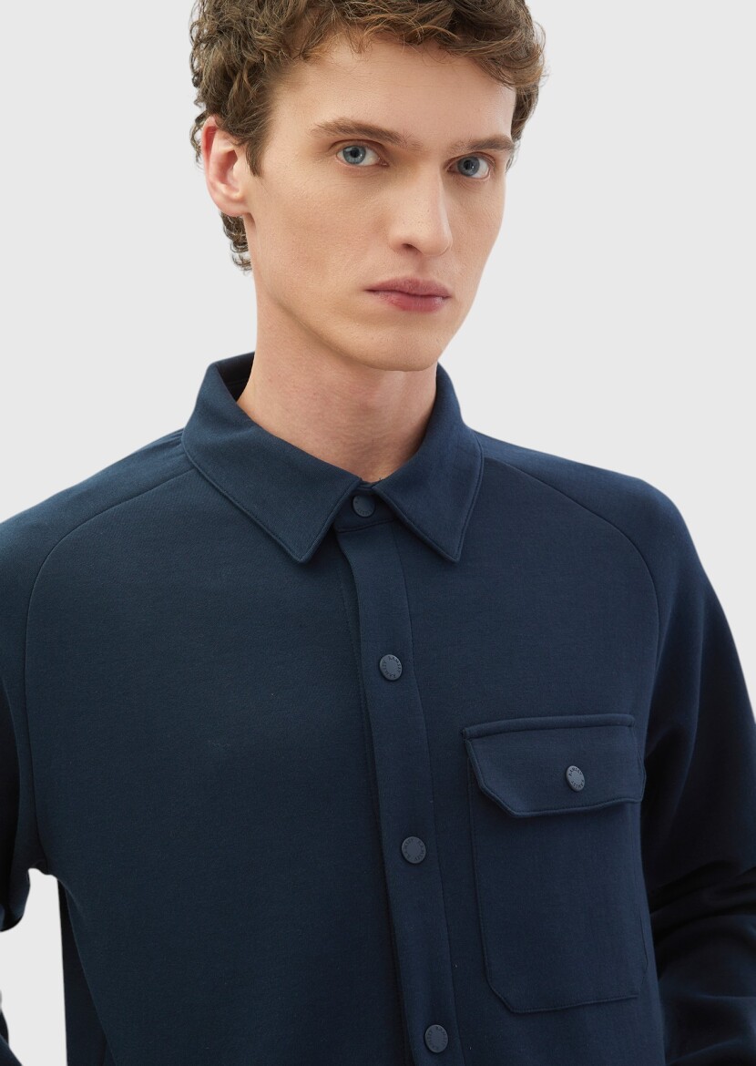 Navy Blue Polo Neck Plain Sweatshirt - 3