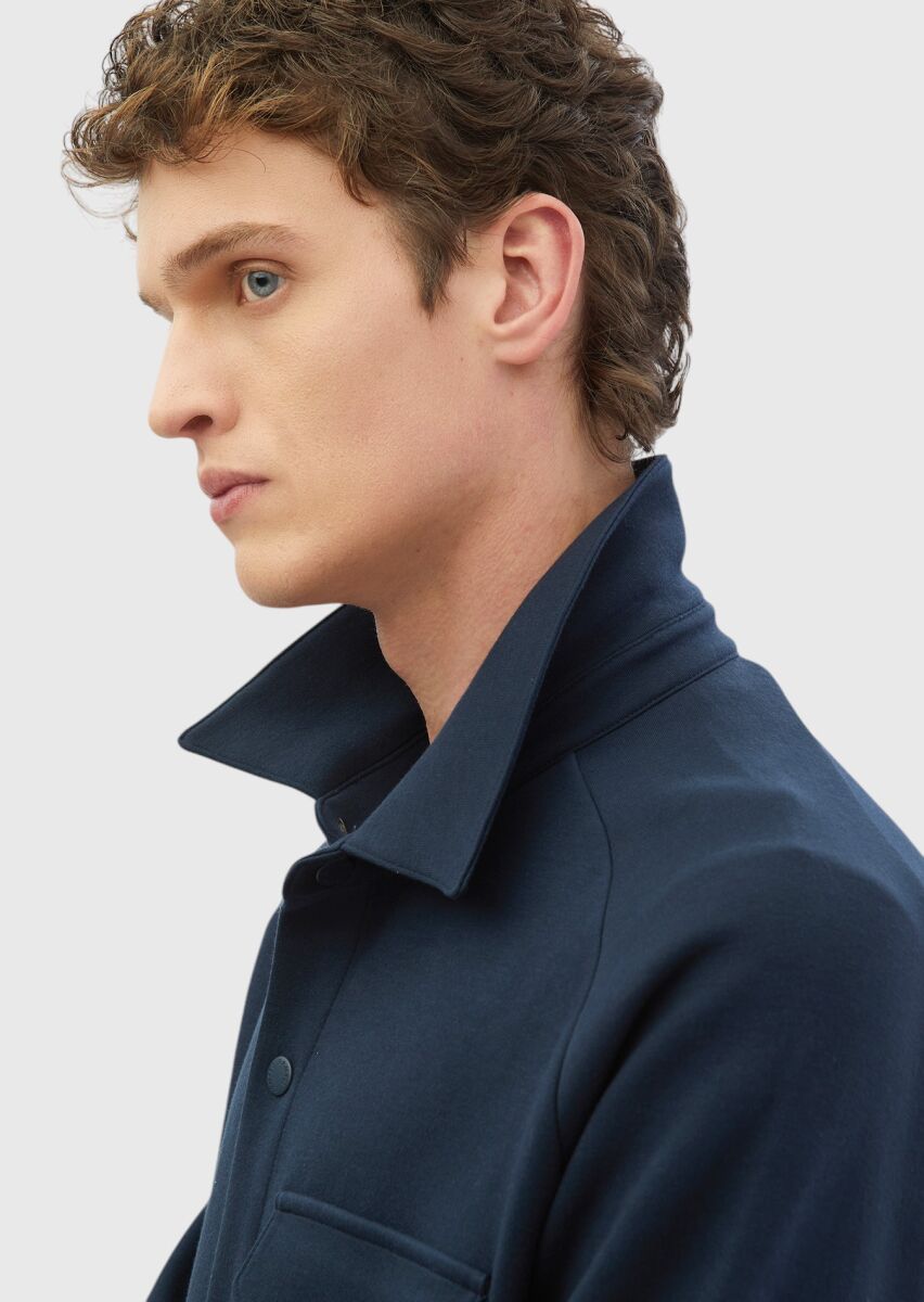 Navy Blue Polo Neck Plain Sweatshirt - 4