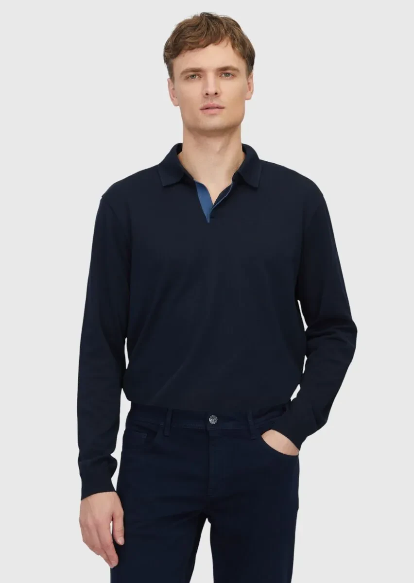 Navy Blue Polo Neck Plain Sweatshirt - 1