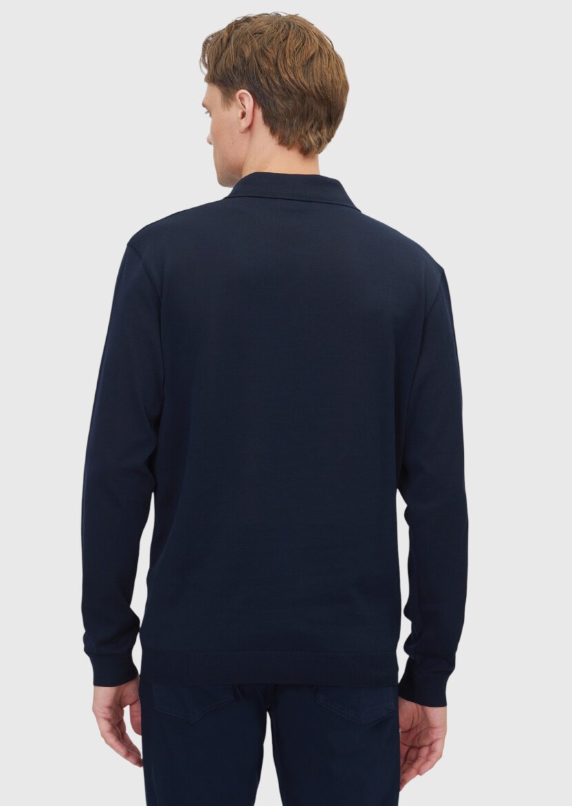 Navy Blue Polo Neck Plain Sweatshirt - 5