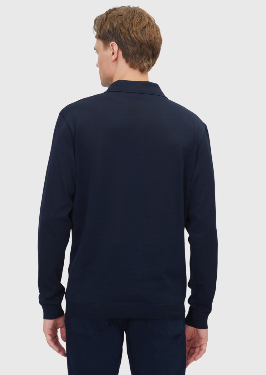 Navy Blue Polo Neck Plain Sweatshirt - 5