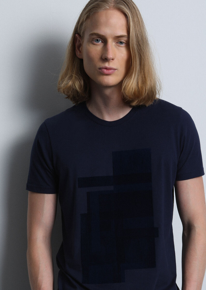 Navy Blue Printed 100% Cotton T-Shirt - 1