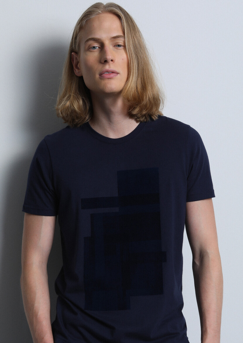 Navy Blue Printed 100% Cotton T-Shirt - 3