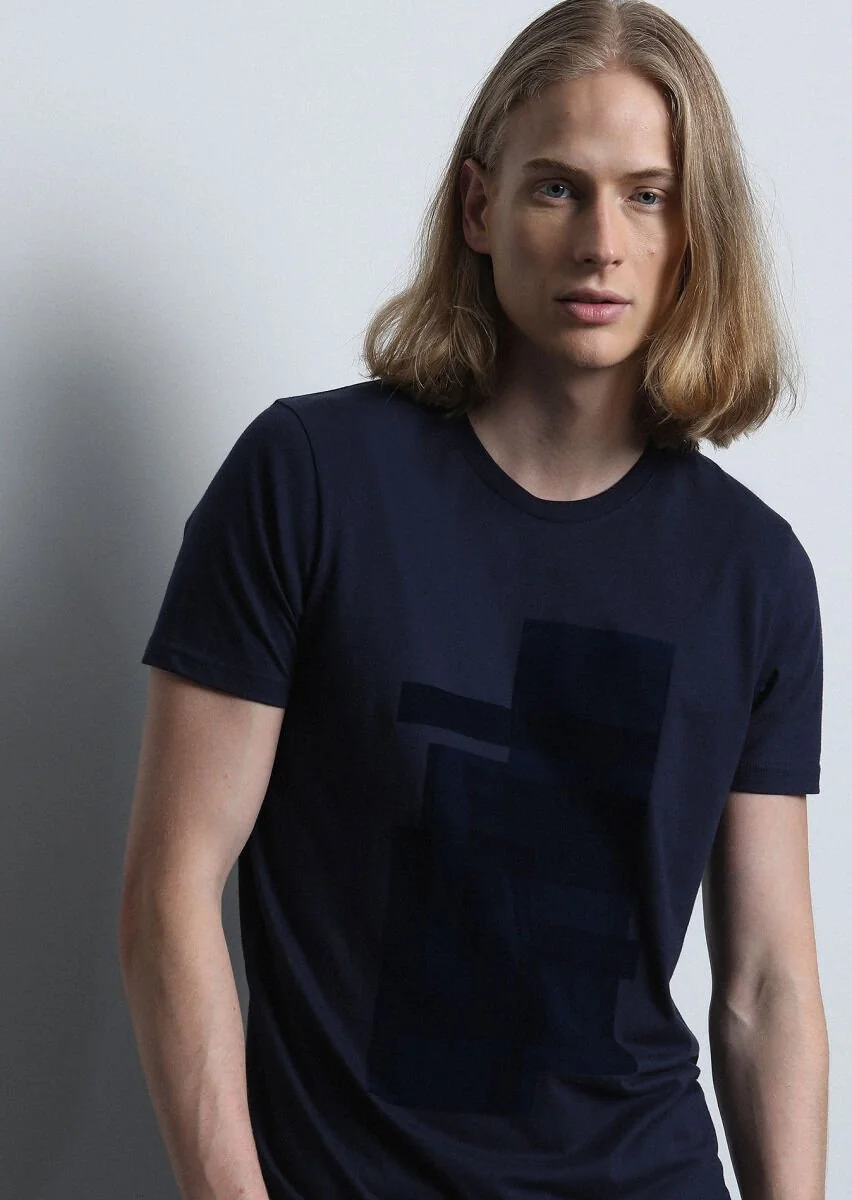 Navy Blue Printed 100% Cotton T-Shirt - 4